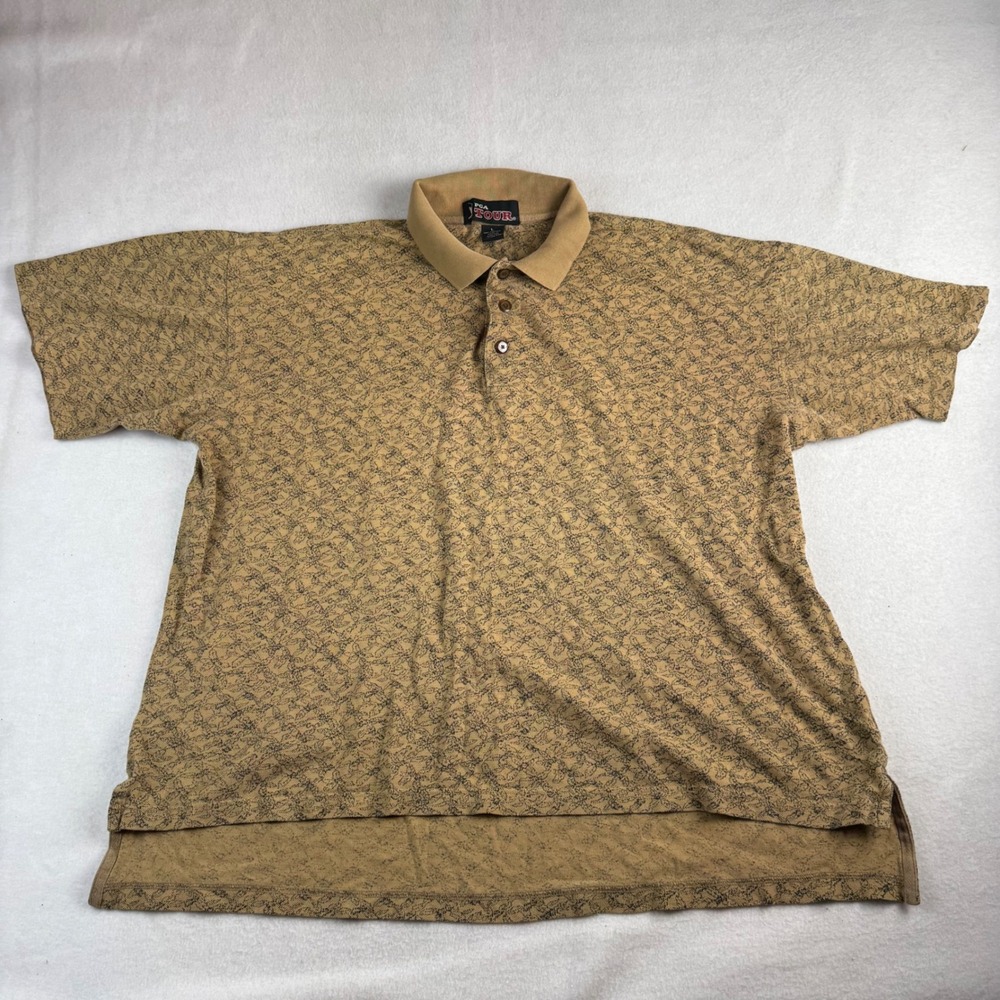 PGA Tour Mens Large Tan Black Abstract Print 100% Cotton Short Sleeve Polo Shirt